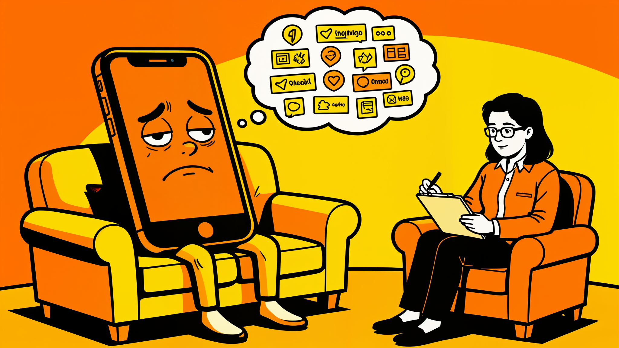 Smartphone on therapist couch exhausted from doomscrolling, satirical illustration
